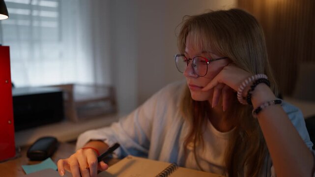 Teenage student wearing glasses completing written schoolwork in a notebook with a laptop nearby. Homework, academic preparation, studying at home, education and learning concept.