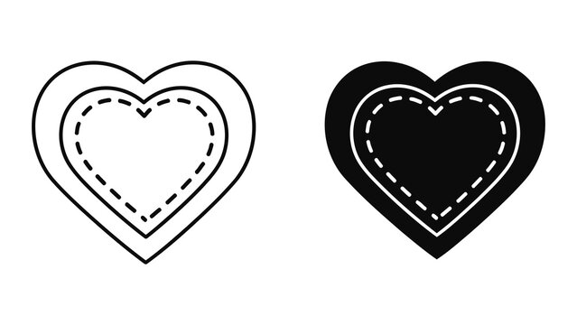 Set of two heart shaped icons with decorative stitching in outline and filled style