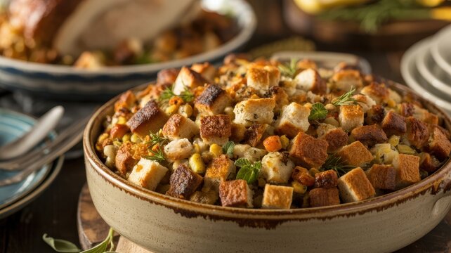 Thanksgiving Homemade bread stuffing with herbs and vegetables in rustic ceramic bowl for traditional thanksgiving holiday dinner feast USA