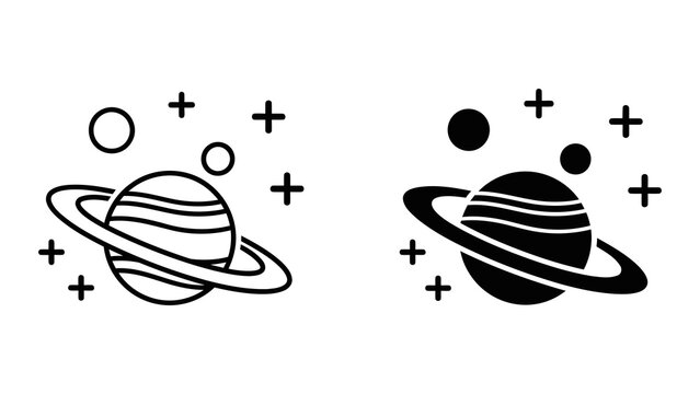 Saturn planet with multiple stars icon in outline and solid black vector format