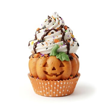 A festive halloween cupcake featuring a carved pumpkin base, whipped cream topping, chocolate drizzle, and spooky sprinkles, isolated on white background
