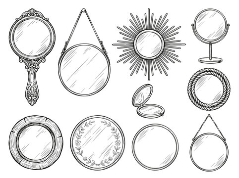 Hand drawn vector sketch of round mirror, victorian and minimalist circular mirror set isolated on white
