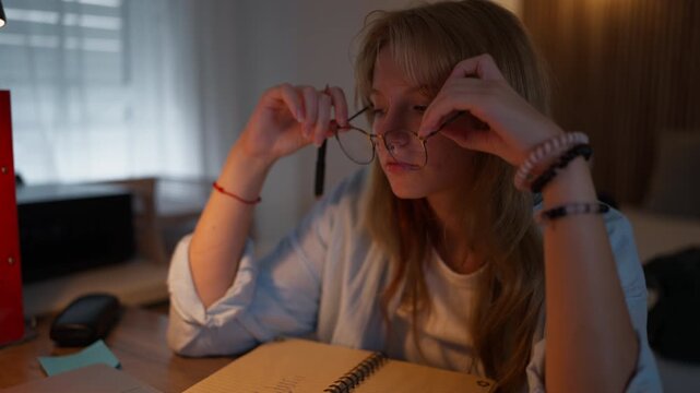 Teenage girl calmly writing in a notebook beside a laptop during a quiet evening study session. Mindful learning, concentration, self-development, student wellbeing and balanced lifestyle concept.