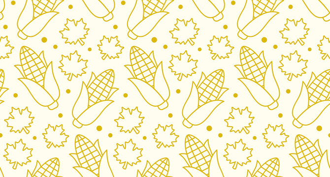 Seamless pattern featuring hand drawn corn cobs and autumn maple leaves.