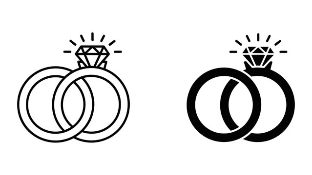 Diamond wedding rings icon set in outline and solid black vector style isolated