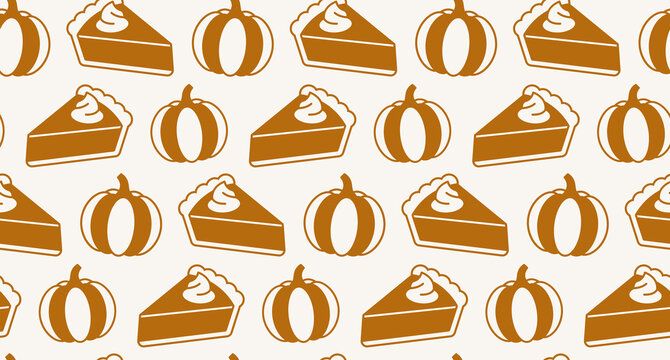 Seamless pattern featuring orange pumpkin pie slices and pumpkins for autumn.
