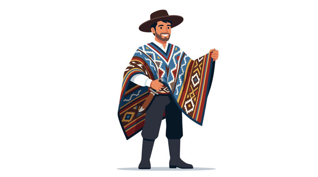 Andean man wearing colorful traditional poncho and hat.