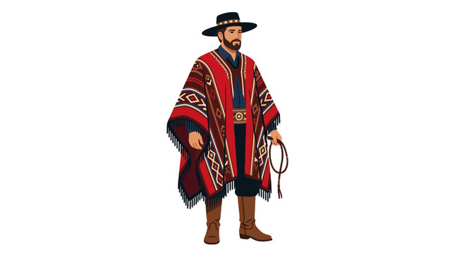 Andean man in traditional red poncho and hat.