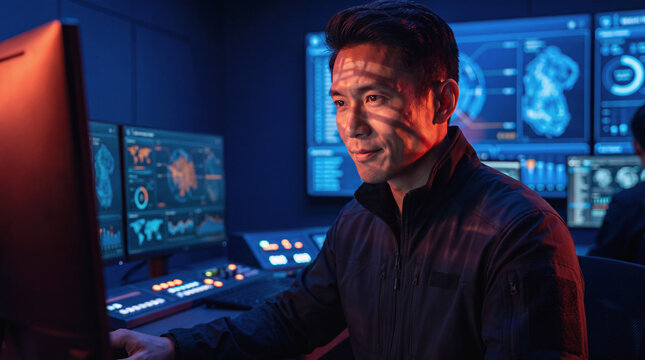 Asian man monitoring financial data on computer screens in modern control room with analytics dashboards