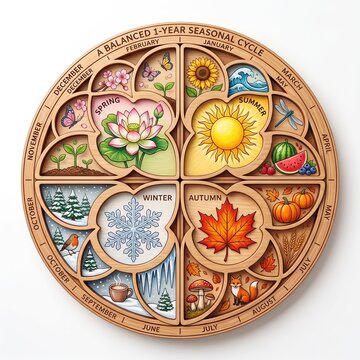 Balanced 1-Year Seasonal Cycle Circular Wooden Tray Calendar with 4 Seasons Months