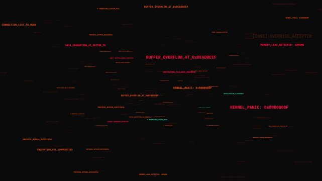 Digital system error code with red glitching terminal text messages flickering on black background for cyber security and hacking theme visual.