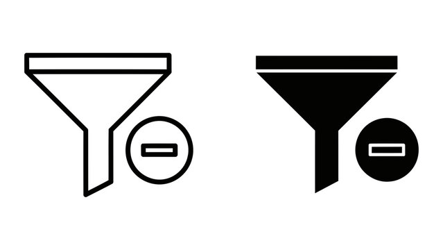Filter with minus sign vector icon in outline and solid black style for data management