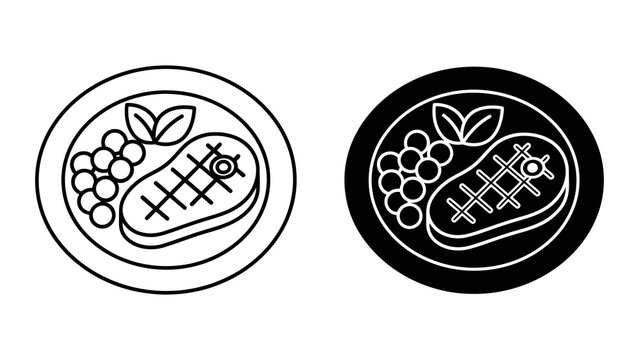 Gourmet steak meal with grapes on a plate vector icon in outline and solid
