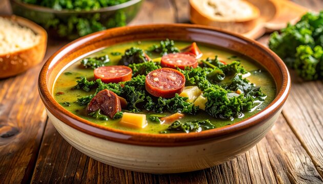 Photorealistic traditional Portuguese Kale Soup, hearty caldo verde with thinly sliced dark green kale, creamy potato broth