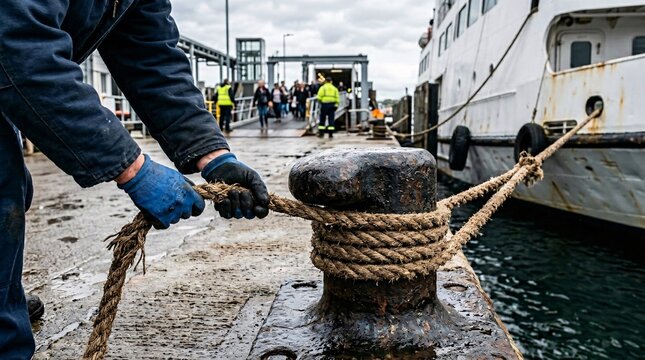 Close up of dock worker hands in blue gloves securing a heavy rope to a mooring bollard for a passenger ferry.