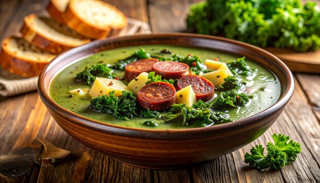 Photorealistic traditional Portuguese Kale Soup, hearty caldo verde with thinly sliced dark green kale, creamy potato broth, slices of Portuguese chouri&ccedil;o sausage