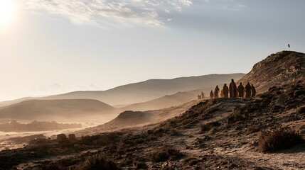Fototapeta premium Group of travelers in ancient robes walking along a ridge in a desert landscape