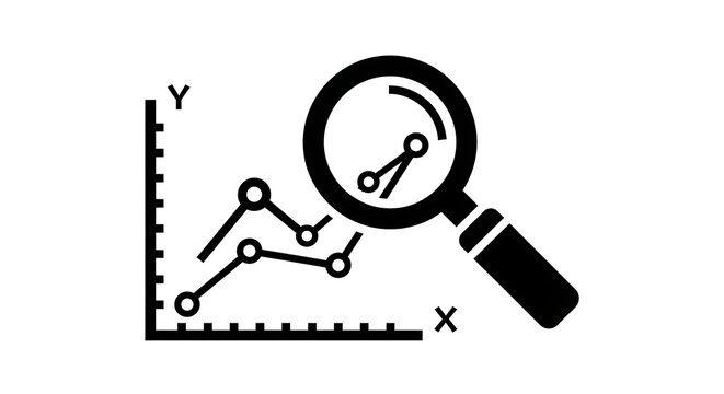 Magnifying glass over a line graph icon representing data analysis and market research.