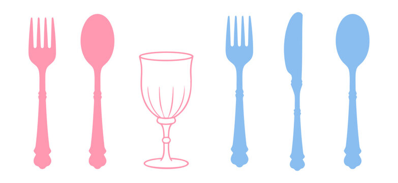 Cute pink and blue tableware collection featuring elegant forks, spoons, and drinking glass in minimalist flat vector style for restaurant menus, kitchen decor and dining prints, stickers.