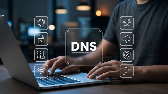 Programmer Using Laptop With DNS Virtual Interface Network Security Concept