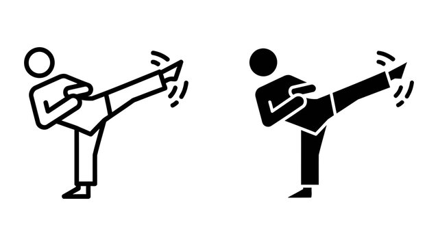 Martial arts athlete performing high kick in outline and solid vector style for sports