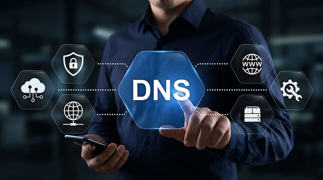 IT Specialist Touching DNS Virtual Interface Network Cloud Security Concept
