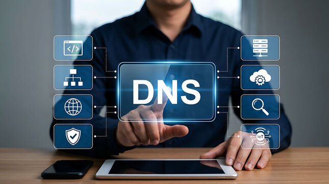 IT Specialist Touching DNS Domain Name System Virtual Interface Concept