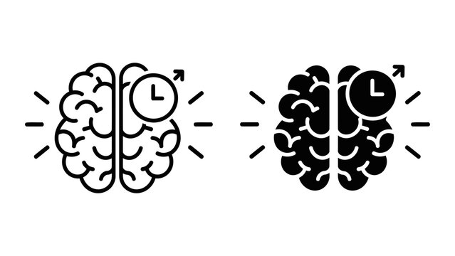 Human brain with clock icon representing mental time management and cognitive focus