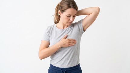 Fototapeta premium Breast Self-Exam Awareness: A woman performs a breast self-exam, highlighting the importance of early detection and women's health awareness.