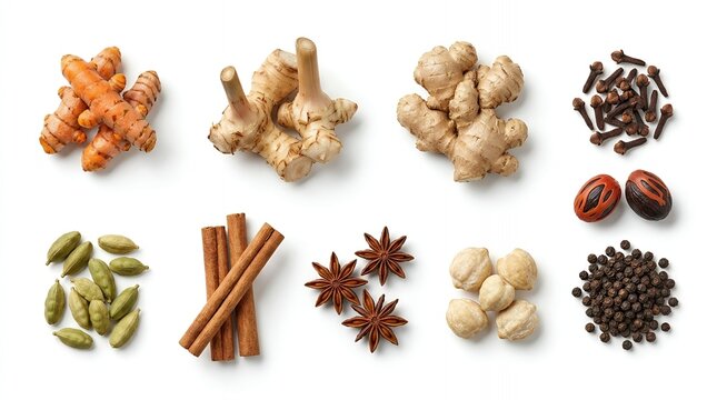 Assortment of various exotic spices and roots including ginger, turmeric, cardamom, cinnamon, and star anise isolated on white background