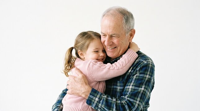 Grandfather's Embrace: A heartwarming moment as a young girl with a radiant smile embraces her grandfather, sharing a tender hug filled with love and connection.