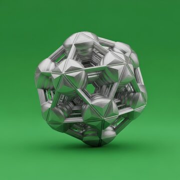Complex Geometric Metal Structure on Green Background.