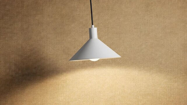Modern white pendant lamp against textured beige wall.