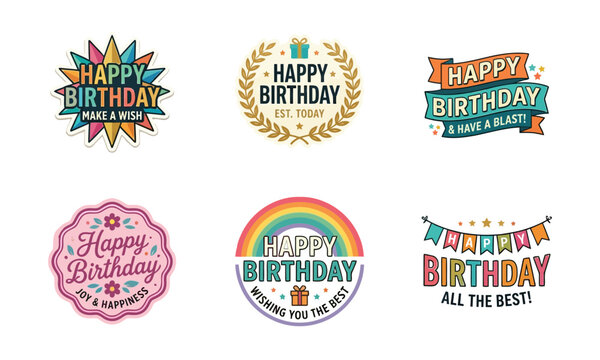 Happy Birthday Badge Collection, Colorful Celebration Labels and Greeting Emblems for Party Designs