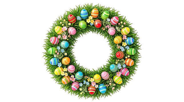 A festive easter wreath decorated with colorful painted eggs and green grass isolated on transparent background
