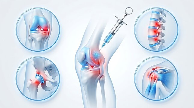 Medical illustration of joint injection therapy for pain relief in knee, hip, shoulder, and spine isolated on white background