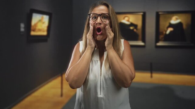 Woman wearing glasses in white top touching cheeks with both hands beside framed paintings in museum building; amused wonder curiosity.