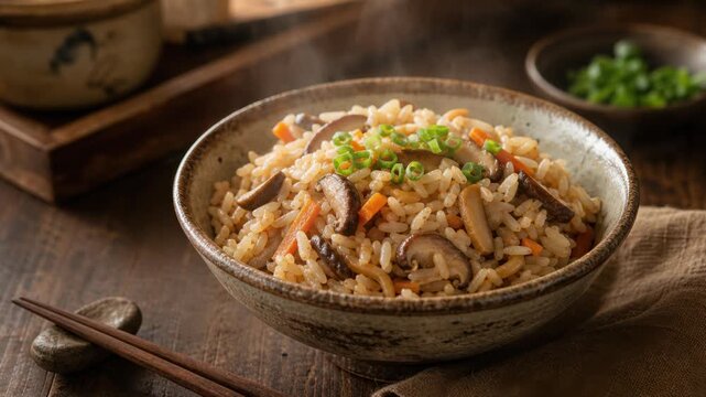 Delicious steaming bowl of mushroom fried rice with carrots and green onions in rustic setting