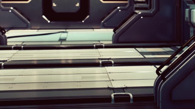 In an empty spaceship, rows of bunk beds line the walls. The metal structure has a sleek design. Light reflects off the surfaces. It appears quiet and unoccupied.