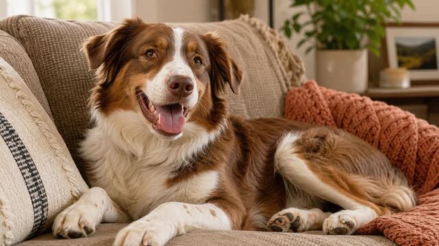 Happy Australian Shepherd dog resting on cozy couch in warm home interior
