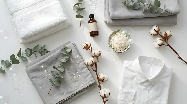 Flat lay of white laundry towels and cotton branches.