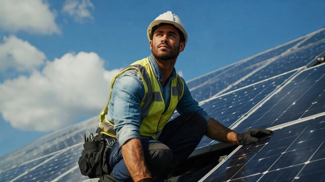 Male engineer installing solar panels under blue sky, perfect for green energy ads, sustainability projects and environmental stories.