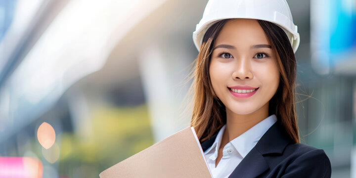 A young asian woman in a hard hat and business attire stands at a construction site, holding a clipboard and smiling
