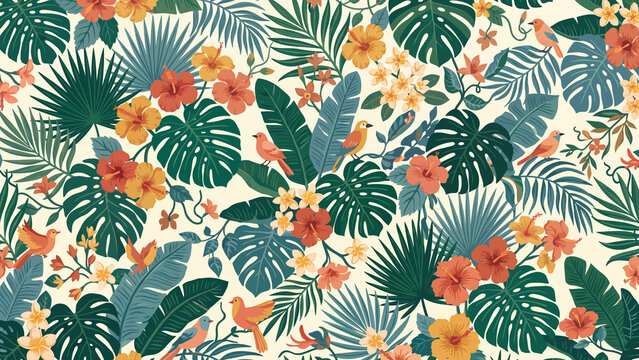 Tropical jungle pattern with hibiscus flowers and palm leaves, tropical