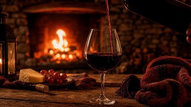 Cozy wine pouring scene with glass of red wine by fireplace with cheese and grapes on wooden table