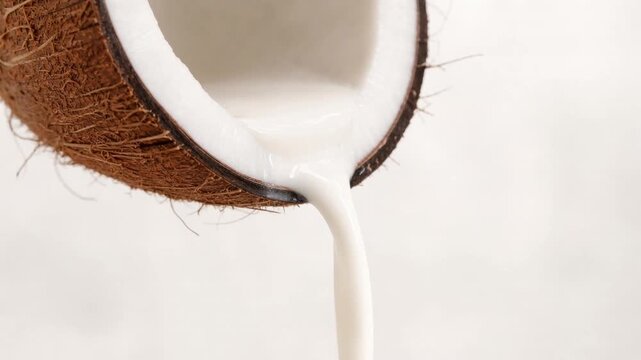 Fresh coconut milk pouring from cracked coconut on light background healthy natural drink