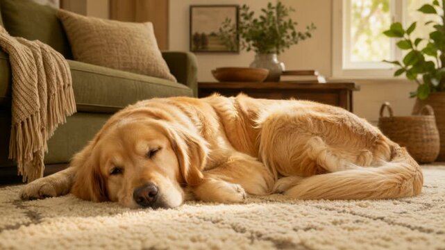 Cozy golden retriever dog sleeping peacefully on a soft carpet in a warm living room