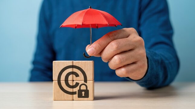 Protecting Intellectual Property Rights with an Umbrella and Copyright Symbol.