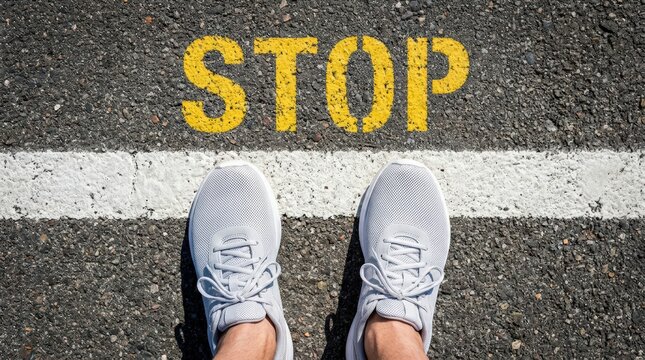 Person standing at a stop line on asphalt road with stop sign painted on surface.