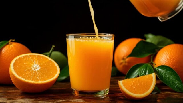 Fresh orange juice being poured into a glass with ripe oranges and green leaves on wooden table